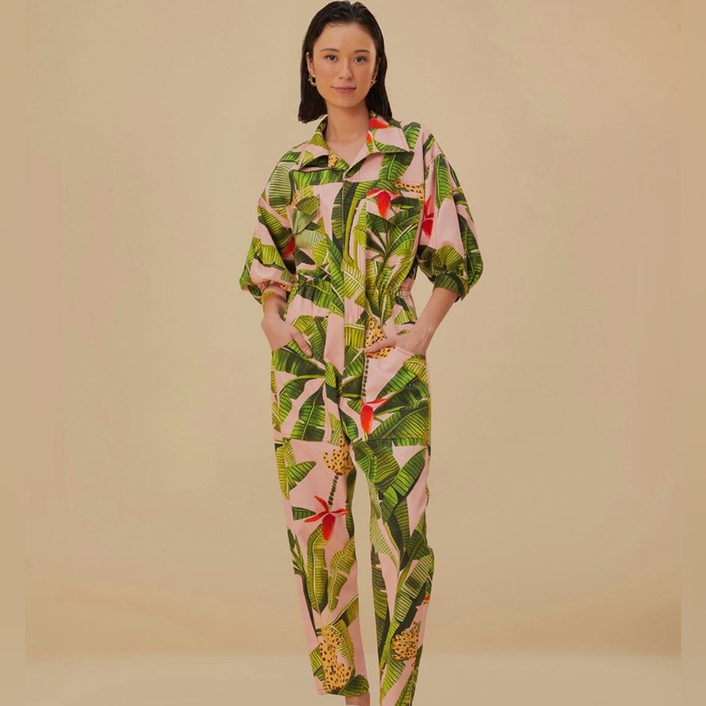 FARM Rio Pink Tropical Leaf Button-Front Jumpsuit